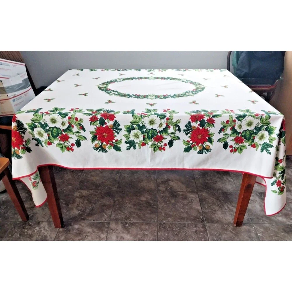 Vintage 52 x 74 Polyester Christmas Print Tablecloth Poinsettia/Holly Beautiful